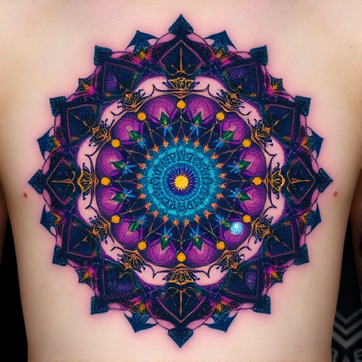 Mesmerizing "Cosmic Mandala" tattoo showcases an intricate circular design filled with swirling galaxies and celestial bodies. Deep purples, blues, and teals create a sense of infinite space, while gold leaf accents add a touch of luxury. Detailed linework and dot work techniques bring depth and texture to this otherworldly piece, perfect for those fascinated by the mysteries of the universe.