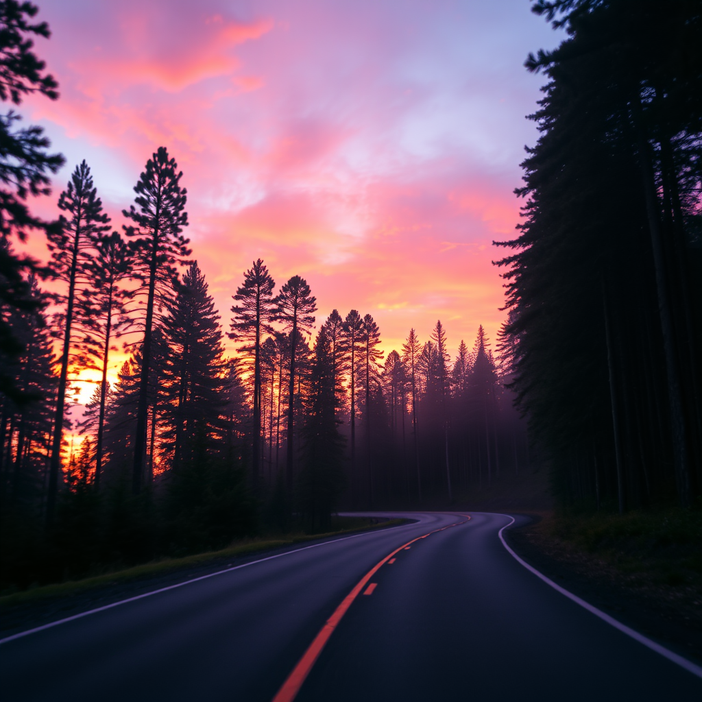 a tranquil forest road at sunset with vibrant orange and purple skies, mist surrounding tall pine trees, captured with a DSLR camera, 35mm lens, f/8 aperture, ISO 200, 1/60 sec shutter speed, in landscape orientation, soft focus on background