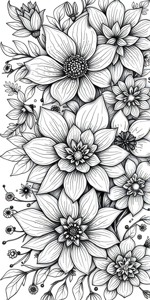 Create a highly detailed black and white sketch of abstract floral and organic shapes with intricate patterns and textures, using a Canon EOS 5D Mark IV camera at ISO 100, aperture f/8, shutter speed 1/200s, with a macro lens, shot from a top-down view to emphasize the design.