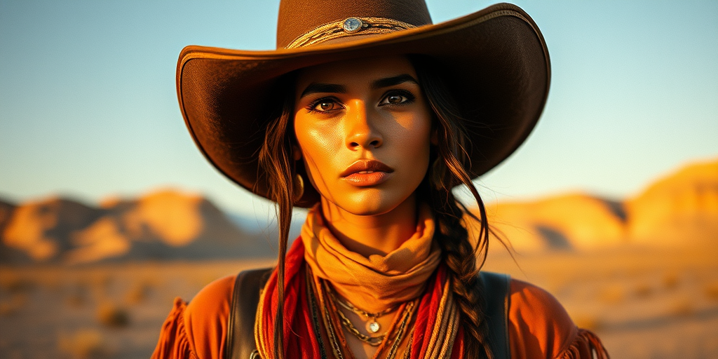 Dramatic photo of a beautiful Maya woman, classic cowboy attire, confident and free spirit expression, half-length portrait, centered, golden hour desert landscape, warm, diffused light, low angle, medium format film camera, in style of Annie Leibovitz.