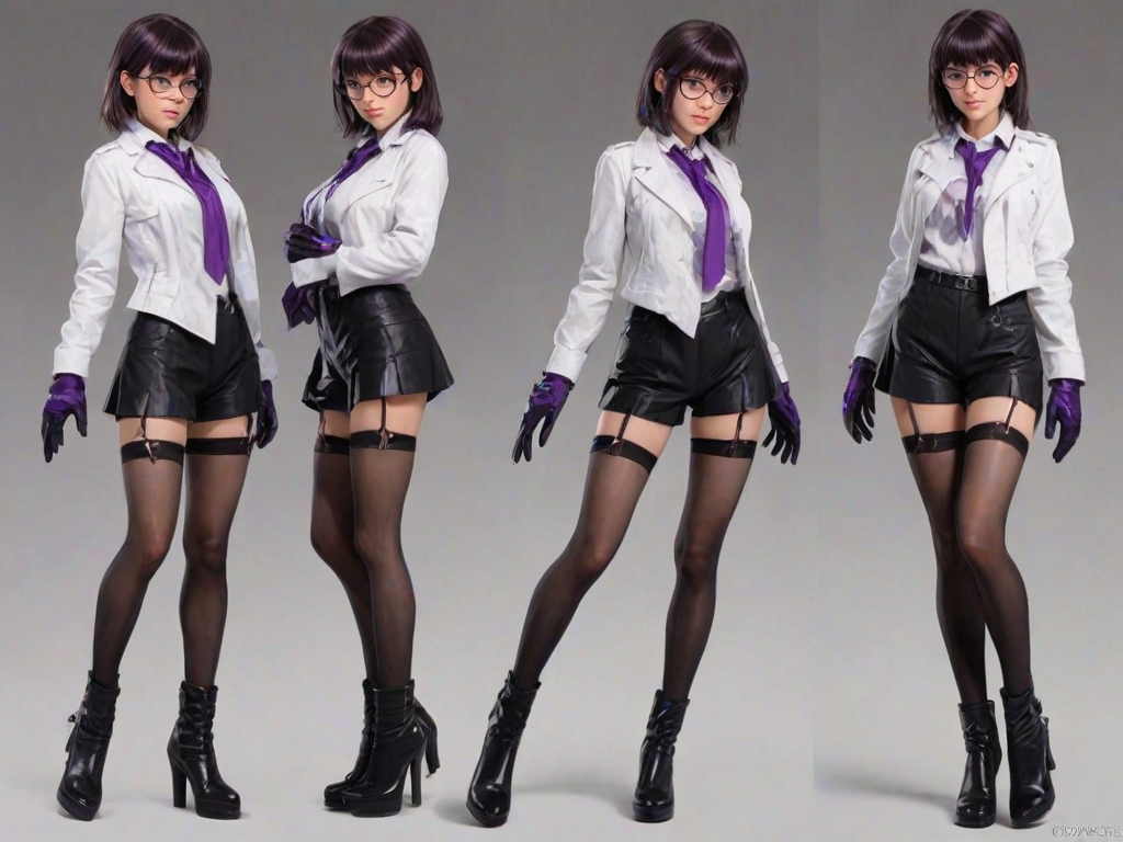 masterpiece, best quality, 1girl, kafka , purple eyes, bangs, eyewear on head, collared white shirt, long sleeves, jacket on shoulders, black jacket, black shorts, gloves, purple gloves, pantyhose under shorts, criss-cross straps, thigh strap, purple pantyhose, thigh boots, asymmetrical legwear, multiple views, shatter, falling, split, dynamic pose, dark, expressions,