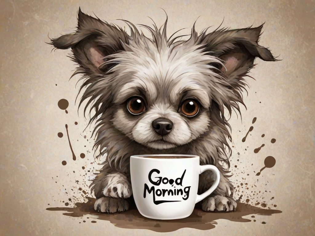 A quirky, artistic illustration of a disheveled shollie dog breed with exaggerated, large eyes and spiky fur, holding a coffee mug that reads "Good Morning". The dog has a tired but humorous expression, with ink splatters and abstract details surrounding it, giving a whimsical feel to the image. The color palette is mostly monochrome with hints of brown in the eyes and steam rising from the mug, enhancing the overall sleepy vibe