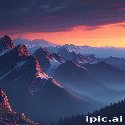 Majestic Mountain Range Under a Colorful Sunset Sky at Dusk