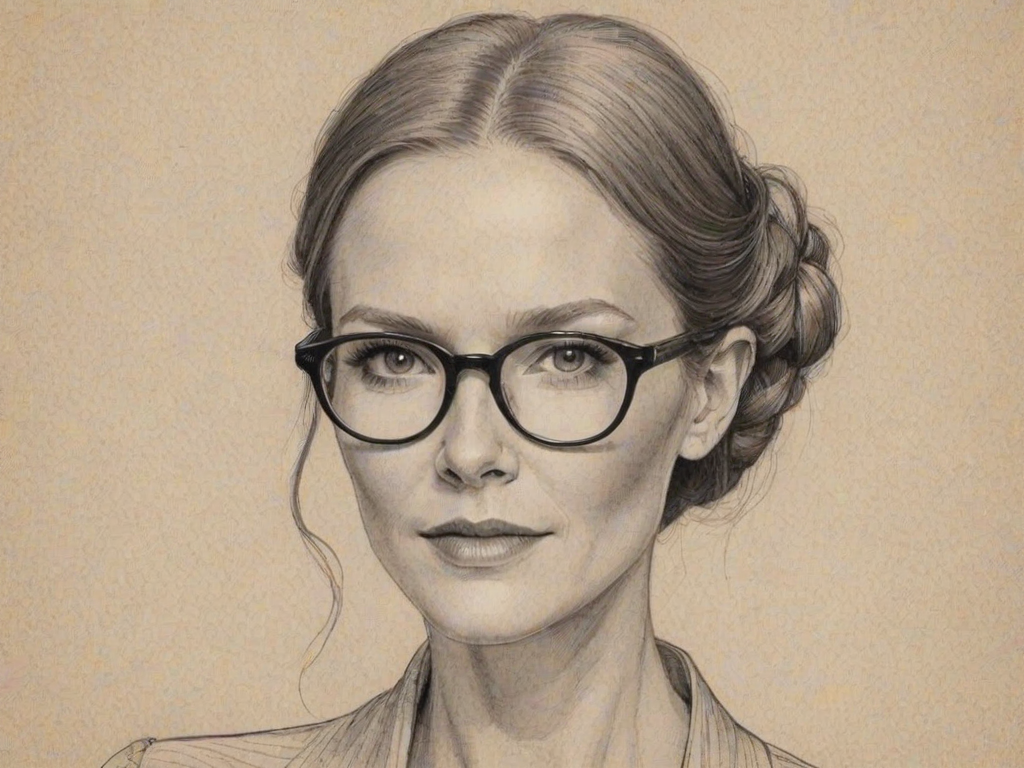 Graceful Darby Stanchfield, pencil sketch, portrait of Resplendent woman 1923s in glasses, hair style beatnik, outline, clear lines, fine lines, 8k
