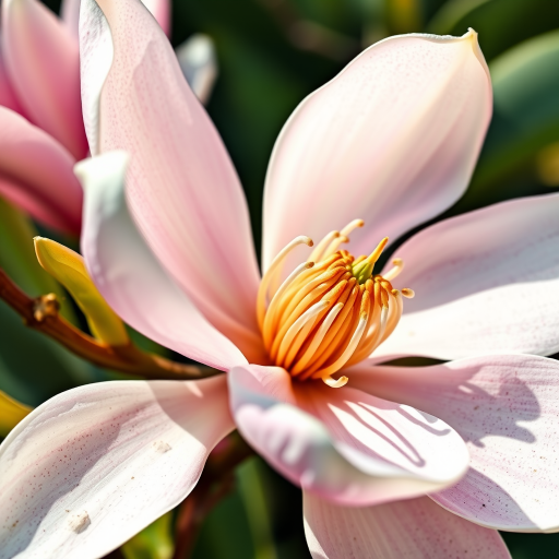 Create a high-resolution illustration of a magnolia flower with intricate details, using a DSLR camera setting of f/2.8 aperture, ISO 100, 50mm lens, in macro view, employing a natural light style to enhance color vibrancy and texture.