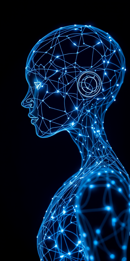 Create a futuristic portrait of a humanoid figure composed of intricate interconnected light strands, with a dark background and glowing blue and white accents, using a Canon EOS R5 camera, 50mm lens, aperture f/1.8, ISO 100, 1/200 sec shutter speed, soft lighting, and side profile view.