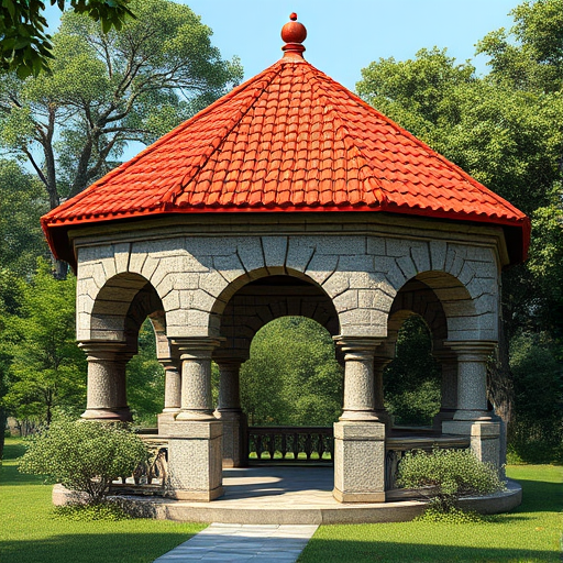 Create a highly detailed 3D rendering of a medieval stone gazebo with a red tile roof, surrounded by lush greenery, captured with a DSLR camera, using a 50mm lens, f/2.8 aperture, ISO 100, with soft, diffused natural lighting from the side for depth.