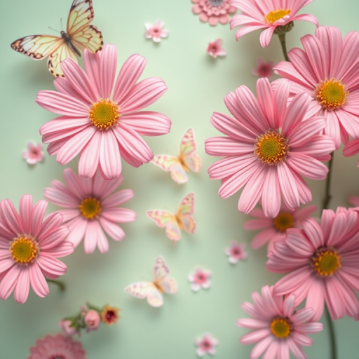floral pattern with pink daisies and light butterflies on a mint green background, macro lens, f/2.8 aperture, 50mm focal length, soft focus effect, high-resolution digital camera