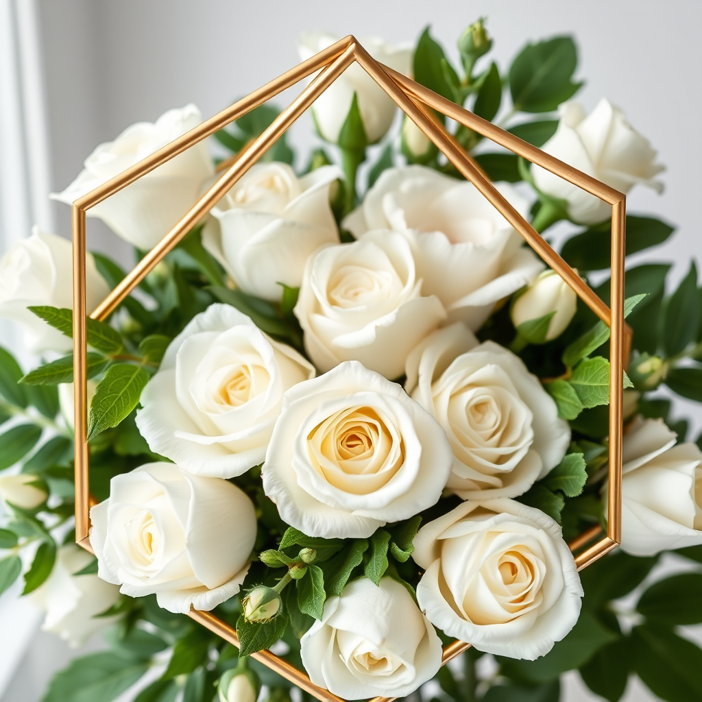 Create a high-resolution floral arrangement with elegant white roses and greenery in a geometric gold frame, using a DSLR camera with a 50mm lens, f/1.8 aperture, ISO 100, and natural light from the front for a bright and detailed composition.