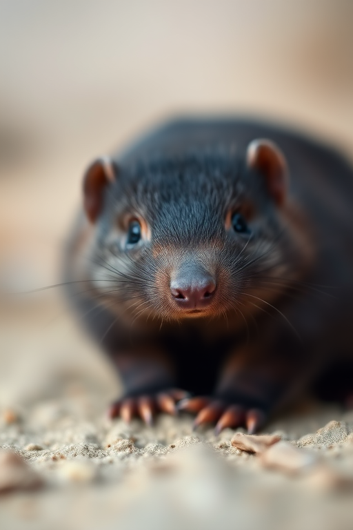 a cute mole creature sitting on a neutral background, soft focus, f/2.8 aperture, 50mm lens, ISO 100, natural lighting, shallow depth of field, macro photography, high resolution