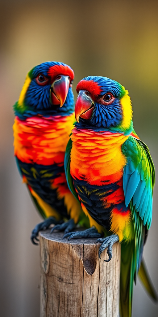 a vibrant close-up of two colorful lorikeet parrots perched on a wooden post, high definition, f/2.8, 1/250s, ISO 200, macro lens, natural lighting, shallow depth of field, focus on bird details