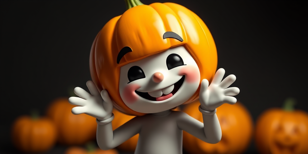 A 3D character with a pumpkin head and smiling face, posing playfully, studio lighting, shallow depth of field, 50mm lens, f/2.8 aperture, ISO 100, soft focus background, high-quality rendering, vibrant colors.