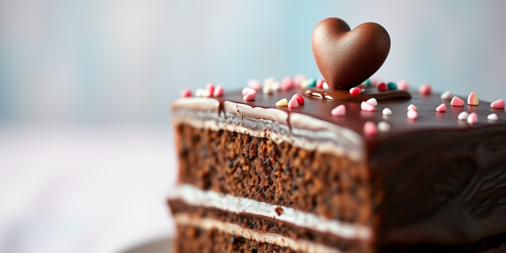 detailed pixel art of a chocolate layer cake with a heart-shaped decoration on top, vibrant colors, soft focus background, macro view, DSLR camera, f/2.8 aperture, 50mm lens, 1/200s shutter speed, ISO 100