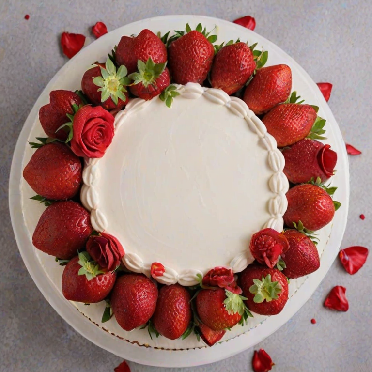 Generate an image of a round white cake topped with a decorative arrangement of fresh red strawberries and red roses, creating a floral border around the top. The background should be soft and minimalistic to emphasize the cake's elegant design.