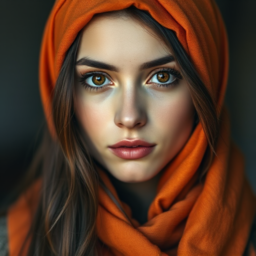 Create a portrait of a young Caucasian woman with long, dark hair and captivating hazel eyes. She is wearing a orange headscarf and a matching scarf draped gracefully around her neck. The background is softly blurred, focusing attention on her serene and natural expression. The overall color palette is muted and warm, enhancing the intimate and authentic feel of the portrait.