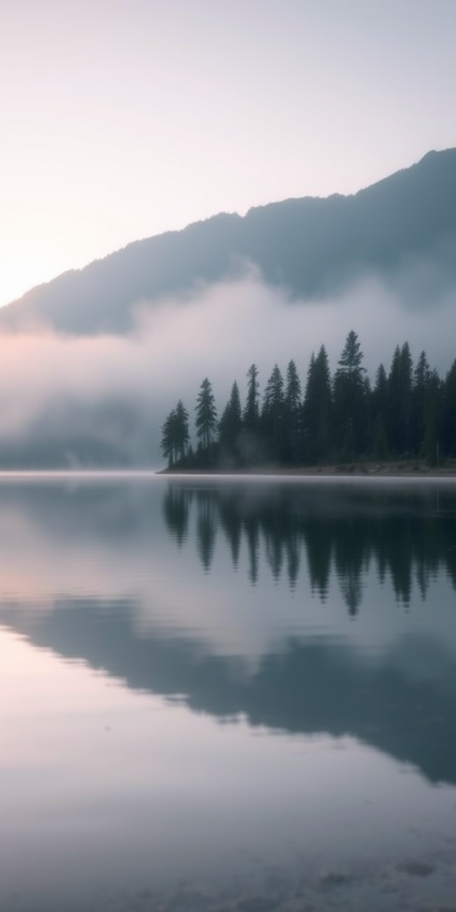 Soft-focus image of a peaceful mountain lake at sunrise, soft mist rising from the water, with distant pine trees reflected in the still surface and a sense of calm filling the air.