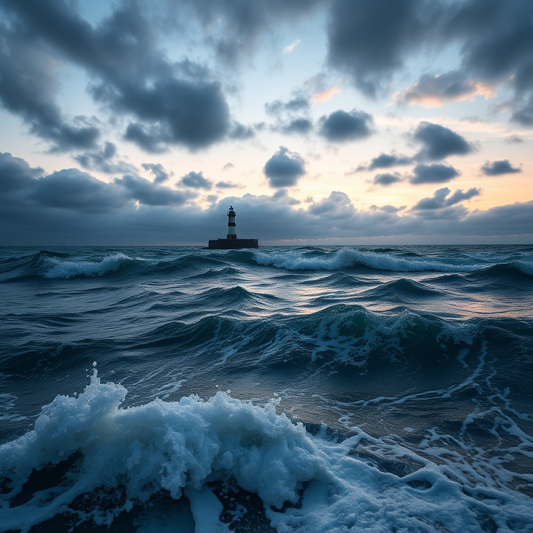 Create a dramatic seascape at dusk with turbulent waves and a distant lighthouse, captured with a Canon EOS 5D Mark IV, using a 24-70mm f/2.8 lens, at ISO 200, f/8, and a shutter speed of 1/125 sec, focusing on the interplay of light and shadow in the cloudy sky.