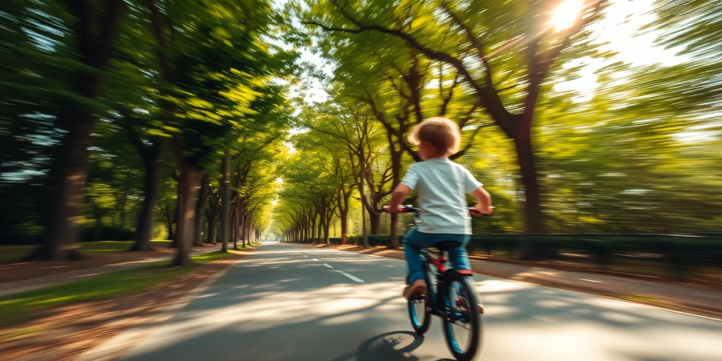 Blurry action shot of a young child riding a bicycle down a tree-lined path, sunlight filtering through the leaves, creating a playful and carefree atmosphere.