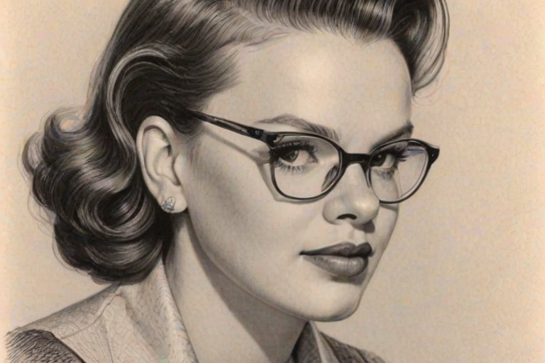 Elegant Judy Garland, pencil sketch, portrait of Lovely woman 1950s in glasses, hair style beatnik, outline, clear lines, fine lines, 8k