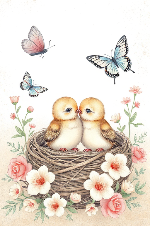 Create an illustration of two baby birds in a nest surrounded by flowers and butterflies, focusing on a soft, pastel color palette, with intricate line work and a textured background, using a Canon EOS R5 camera, f/2.8 aperture, 50mm lens, and natural lighting for enhanced depth and softness.