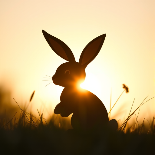 Create a high-resolution illustration of a whimsical bunny silhouette with soft curves and expressive features, using a Canon EOS R5 camera with a 50mm f/1.2 lens, aperture set to f/2.8, ISO 100, in natural light at golden hour, with a shallow depth of field to enhance the quality and focus on the bunny shape.