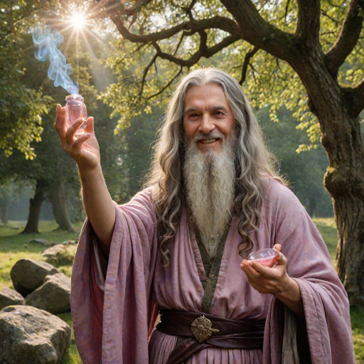 Create a super realistic photo portrait of the sorceress Nimue enthralling the old long haired and bearded magician Merlin with the scent of a magic perfume-potion. Merlin's senses are blurred and he has a happy smile on his face like that of a slightly drunken man. Nimue is standing opposite of Merlin facing him. She is holding out the potion with both hands towards Merlin's nose. A visual depiction of the pink scent soflty creeps into Merlin's nostrils. The picture is set in front of a typical British landscape with grass, a dry stone wall and old and big trees. Cloudy skies with sun-rays braking through giving the picture a soft and romantic tone. HDRI, 8k,V-Ray render