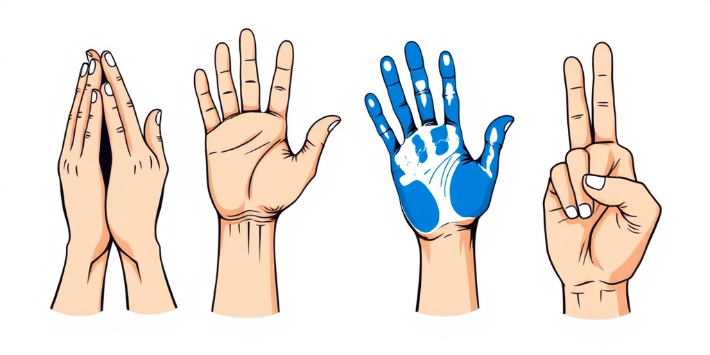 Generate an illustration of four hands representing different gestures, including a pair of clasped hands, a blue handprint, a red handprint, and a raised finger, captured in high resolution with a DSLR camera, using a 50mm lens, f/2.8 aperture, ISO 100, and a shallow depth of field for a clean background.