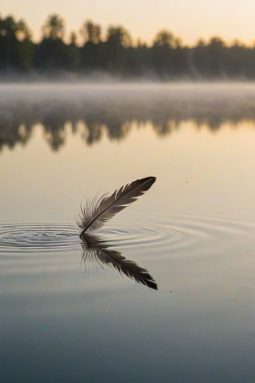 Softly focused image of a single feather floating on a still lake at dawn, soft mist rising from the water, with distant trees and a peaceful, serene atmosphere blending into the background.