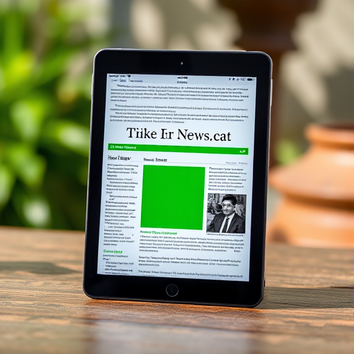 Create a high-resolution image of a tablet displaying a news article with a green header and a green rectangular graphic in the center, captured with a DSLR camera at f/1.8 aperture, ISO 100, using a 50mm lens in portrait view and natural lighting for enhanced image quality.