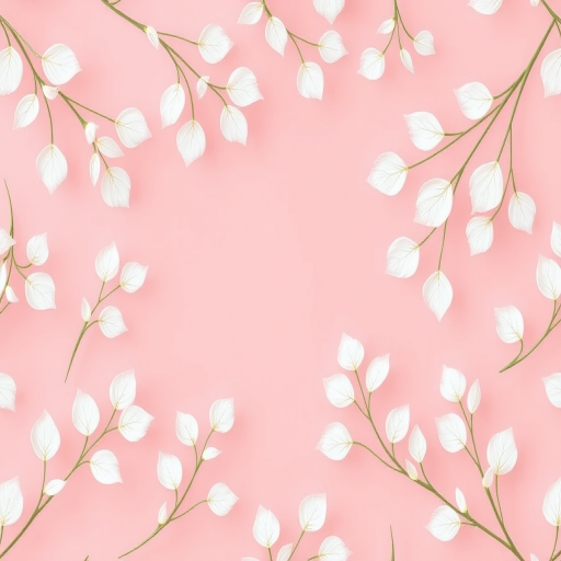 Create a seamless pattern featuring delicate white foliage on a soft pink background, shot with a Canon EOS R5 at f/4.0, ISO 100, 50mm lens, natural lighting, top-down view, digital illustration style.