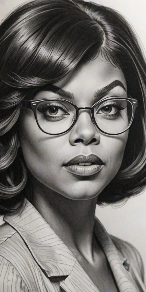Gorgeous Taraji P. Henson, pencil sketch, portrait of Bewitching woman 1925s in glasses, hair style beatnik, outline, clear lines, fine lines, 8k