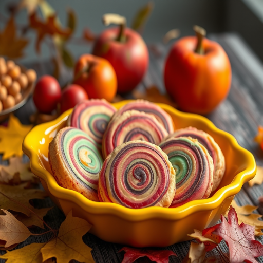 Create a vibrant autumn-themed still life image featuring colorful, swirled cookies arranged in a yellow dish, with fallen leaves and seasonal fruits in the background, using a DSLR camera, 50mm lens, f/2.8 aperture, ISO 200, natural light, and a shallow depth of field for enhanced focus on the cookies.