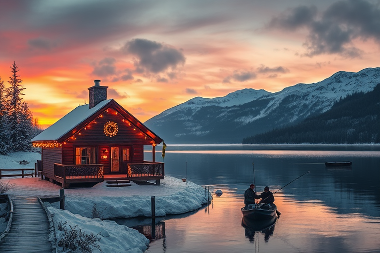 A serene winter scene at sunset featuring a cozy cabin adorned with holiday lights by a snowy lake, with two men fishing from a small boat, snow-capped mountains in the background; shot using a DSLR camera at f/8 aperture, 1/250 sec shutter speed, ISO 200, 24mm focal length, wide-angle view for a vibrant landscape and detail enhancement.