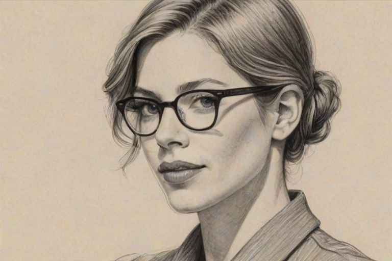 Delightful Tessa Ferrer, pencil sketch, portrait of Splendid woman 1926s in glasses, hair style beatnik, outline, clear lines, fine lines, 8k