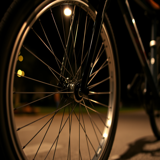 Capture a close-up image of a bicycle wheel at night with the spokes illuminated, using a DSLR camera with a 50mm lens, aperture set to f/2.8, ISO 800, and a shutter speed of 1/60 seconds, with side lighting to enhance the details.