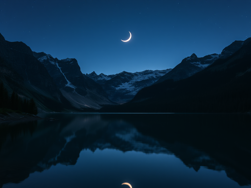 create a tranquil night scene of mountains and a lake with a crescent moon reflecting on the water, use a wide-angle lens at f/8 for depth of field, capture in soft dawn lighting for enhanced color vibrancy, utilize a digital SLR camera for high resolution and clarity.