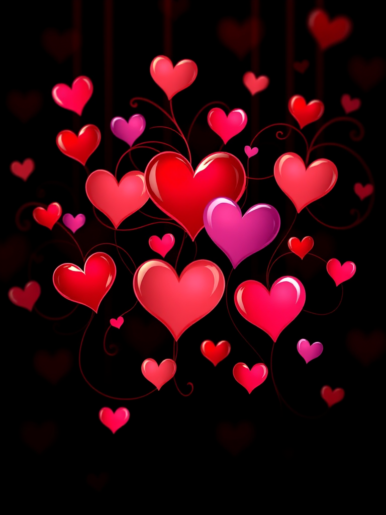 Create a digital illustration of colorful hearts in various shades of red and pink connected by swirling lines on a black background, with a soft focus effect, using a high-resolution digital camera, f/2.8 aperture, ISO 100, and a 50mm lens to enhance image quality.
