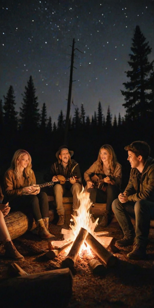 Warmly lit photo of a group of friends sitting around a campfire under a starry sky, soft golden light from the flames illuminating their faces, with a guitar leaning against a log and marshmallows roasting over the fire.