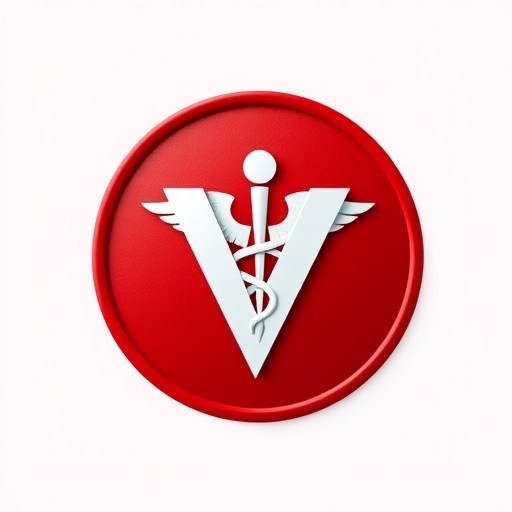 Create a high-resolution image of a red circular emblem featuring a prominent white letter V with a medical caduceus symbol incorporated, shot with a Canon EOS R5 at f/8, ISO 100, 1/200 sec, using a macro lens for sharp detail, with a center focus view, and a clean, professional vector style.