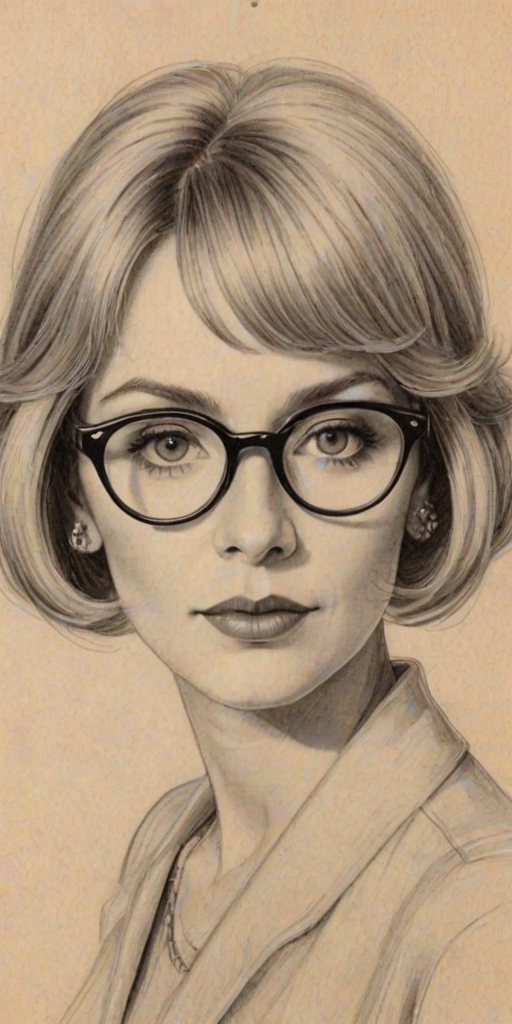 Bewitching Julia Duffy, pencil sketch, portrait of Bewitching woman 1925s in glasses, hair style beatnik, outline, clear lines, fine lines, 8k