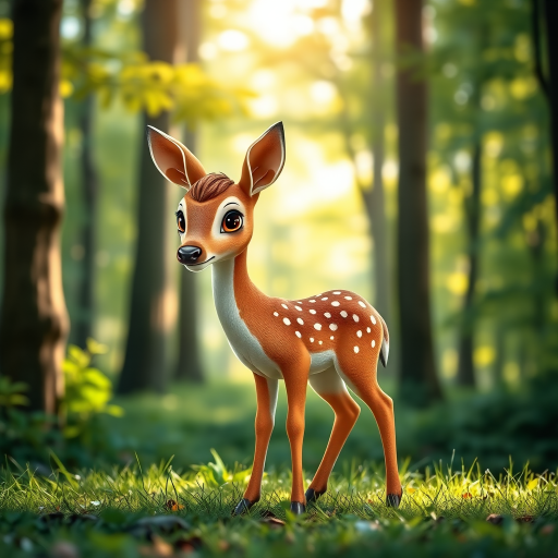 Create a highly detailed image of a cute, cartoonish young deer standing in a lush, green forest with soft, dappled sunlight filtering through the trees, using a DSLR camera with a 50mm lens, f/1.8 aperture, ISO 200, and a shallow depth of field to enhance the background blur.