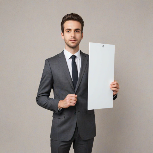 Create an image of a professional individual in a business suit, holding a large blank whiteboard in front of their face. The background should be neutral to emphasize the person and the blank board. Make sure the person's hands are visible, and they are positioned at mid-chest level, showcasing the blank space clearly.