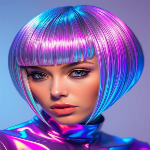 Futuristic Holographic Bob with a blunt cut and razor-sharp edges, shimmering with iridescent tones that shift colors as light reflects off the hair's surface