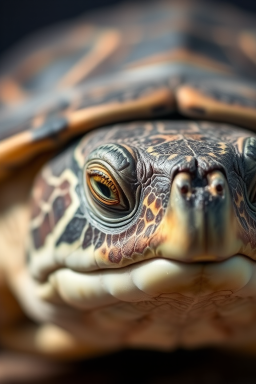 Close-up of a turtle's head with detailed texture, natural lighting, 50mm lens, f/2.8 aperture, ISO 200, focus on the eyes, macro photography, DSLR camera.