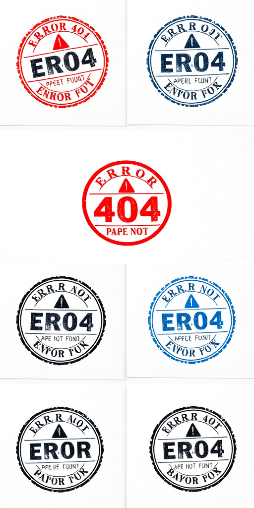 Create a high-resolution image of six distinct "Error 404" stamp designs in red, blue, and black colors, featuring an exclamation mark and the text "PAGE NOT FOUND"; shot with a DSLR camera at f/2.8 aperture, ISO 100, and 1/125 sec shutter speed, in a flat lay view with natural lighting.