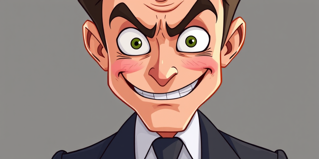 Create a high-resolution vector illustration of a comedic character with a mischievous smile, dressed in a suit and tie, using a DSLR camera at 50mm f/1.8 lens, ISO 100, shooting from a slightly low angle with soft lighting to enhance facial features and expressions.