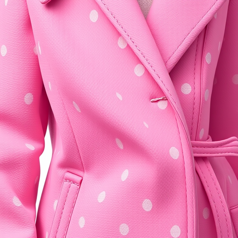 Create a high-resolution illustration of a pink coat with polka dots, using a Canon EOS R5, 50mm lens, f/2.8 aperture, ISO 100, and a soft diffused lighting setup to enhance texture and color vibrancy.