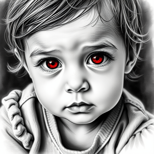 A hyperdetailed photorealistic black and white sketch of a beautiful toddler with deep red eyes, with a macro focus