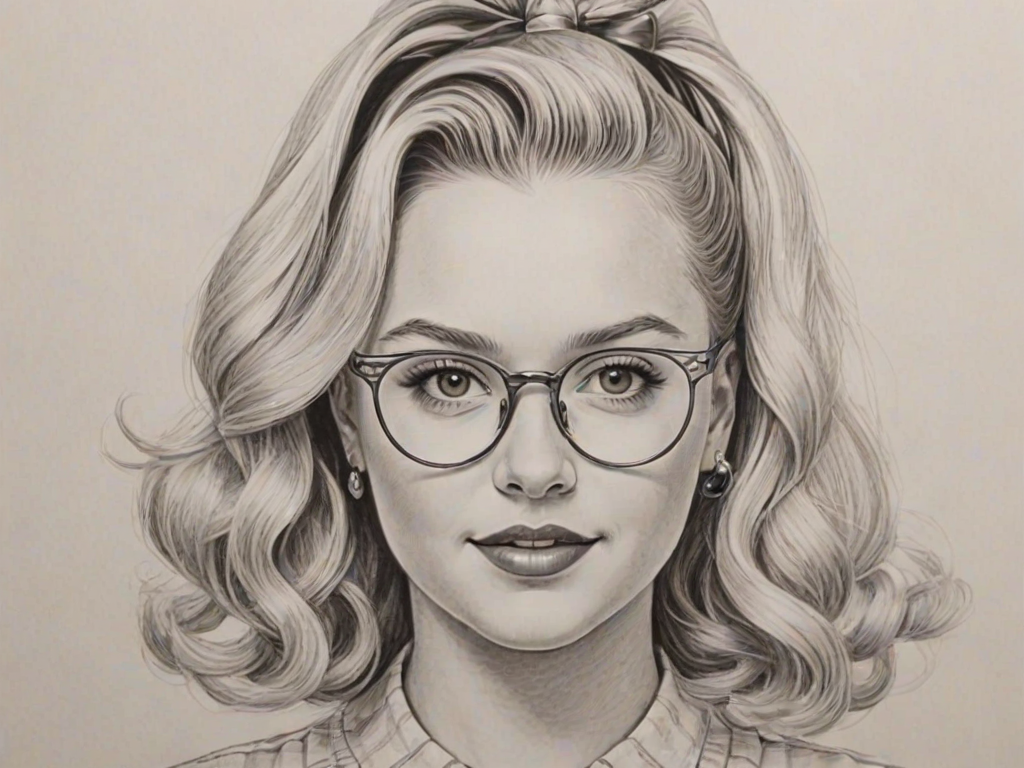 Resplendent JoJo Siwa, pencil sketch, portrait of Splendid woman 1951s in glasses, hair style beatnik, outline, clear lines, fine lines, 8k