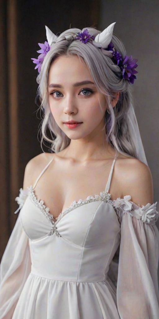 shimilia, long hair, grey hair, purple eyes, pointy ears, crown braid, hair flower, hair ribbon, purple ribbon, x hair ornament, white dress, cleavage, bare shoulders, wide sleeves,